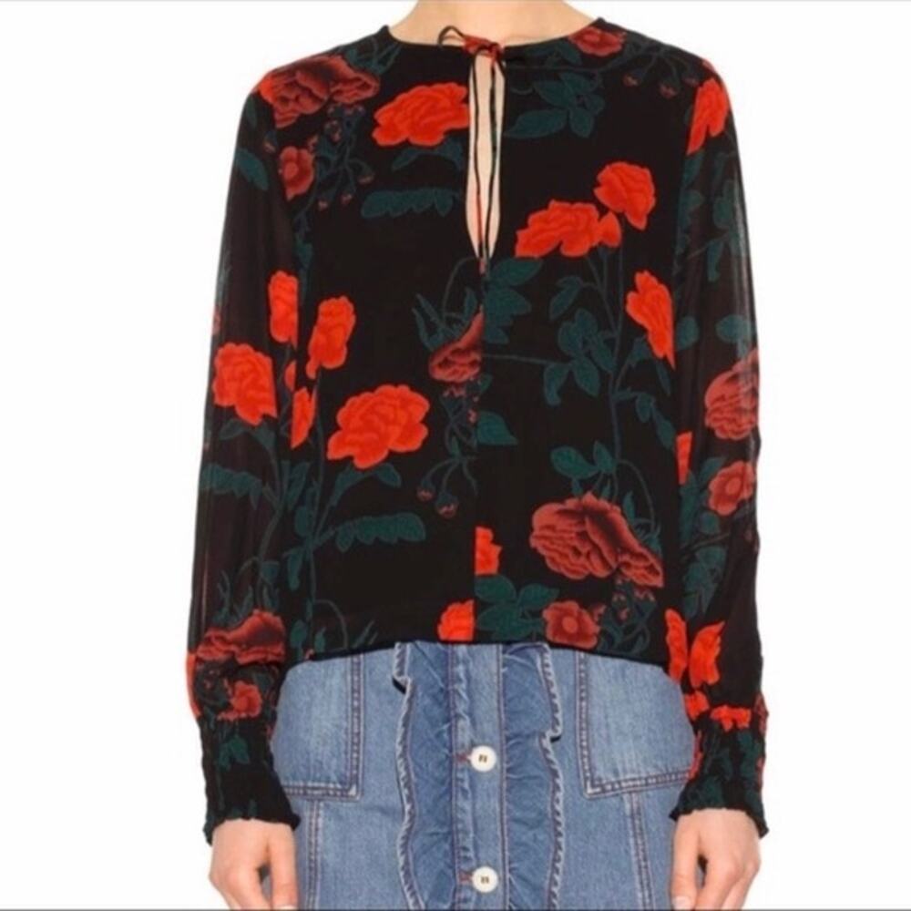GANNI Newman Georgette Floral Blouse 34/US 2 Red Black Puff Sleeve Tie Neck